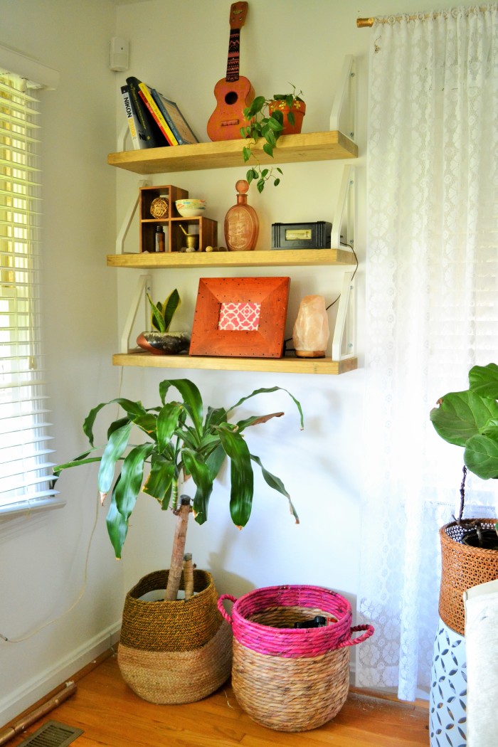 DIY shelves full of eclectic treasures