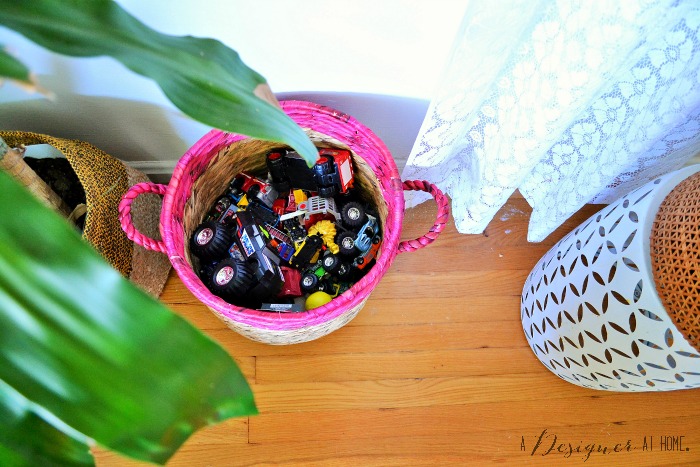 all the favorite toys are hidden in cute baskets