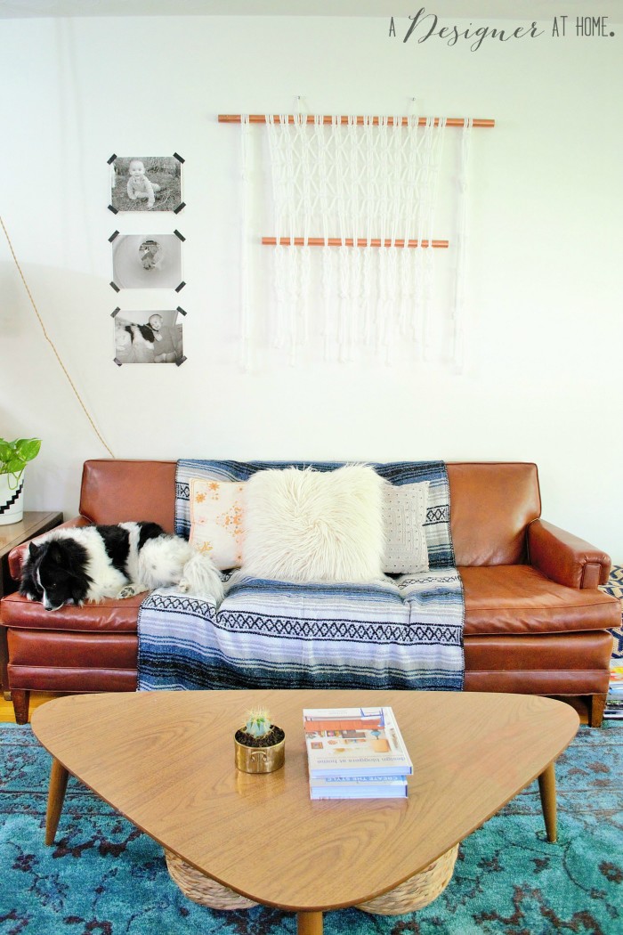 vintage brown vinyl sofa macrame black and white candid shots and a puppy, don't you just want to hang out here?