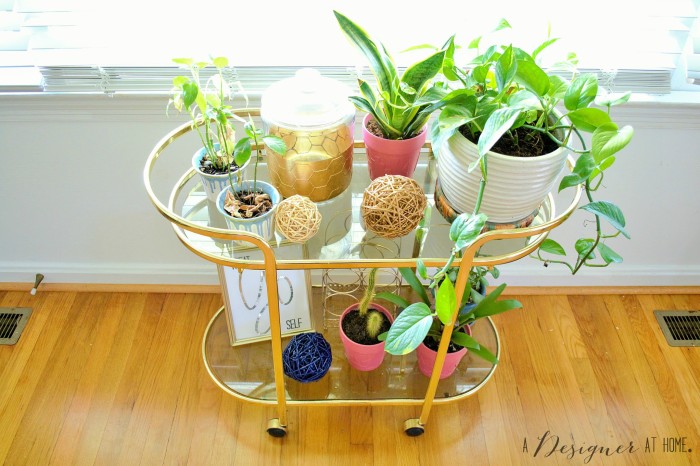gold vintage bar cart full of lush plants the perfect way to use a bar cart with little kids around!