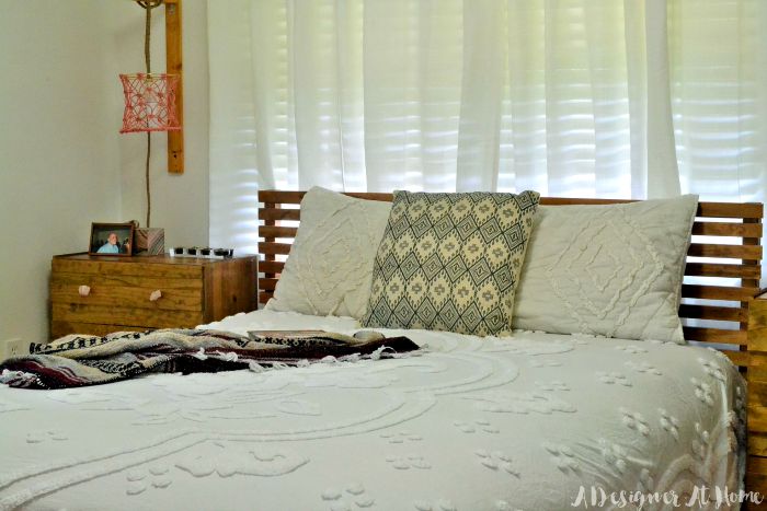 boho-bedding-coverlet-fringe-detail-triba;-print-pillow-diy-ikea-tarva-bed-hack-crystal-drawer-pulls-macrame-lamp-shade-coral-bedroom-decor