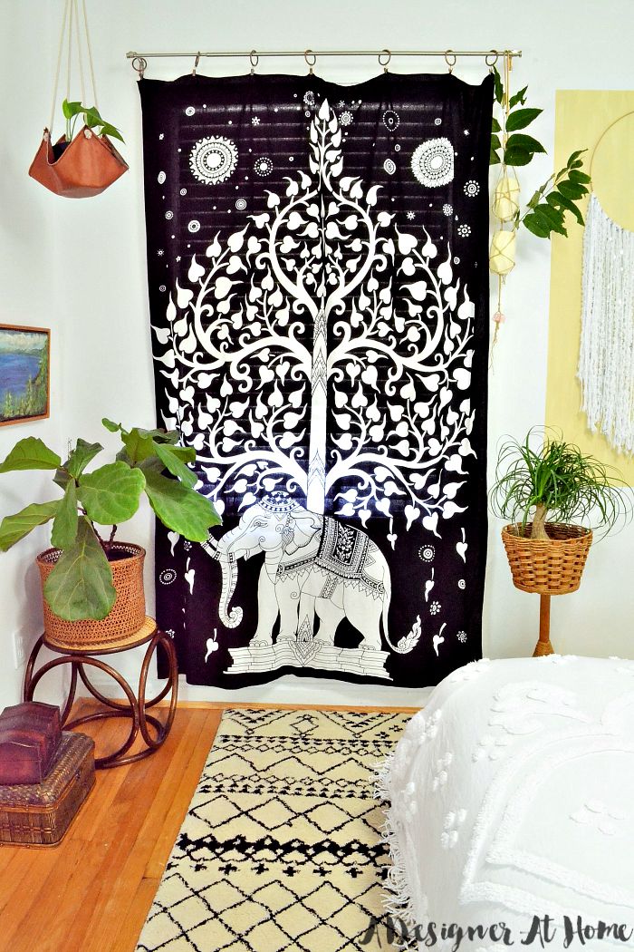 boho-bedroom-elephant-tapestry-houseplants-bohemian-patterns-painting-wall-hanging