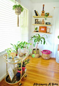 bright plant fileld corner of a living room with a bar cart turned plant cart and diy shelves bring in an element of industrial rustic feel