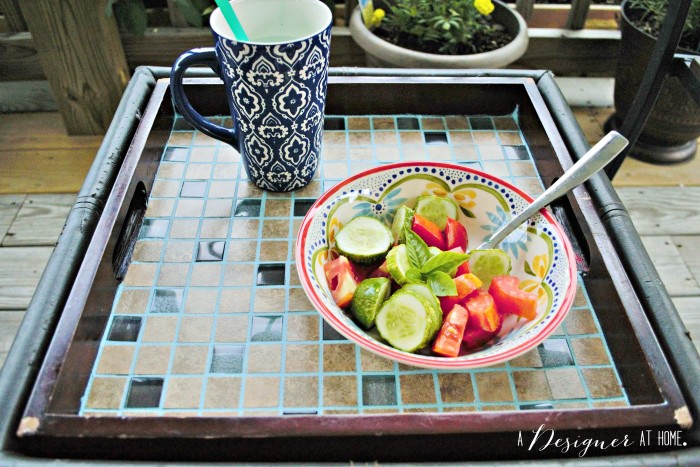 flip top ottoman tray tiled to protect warping veneer