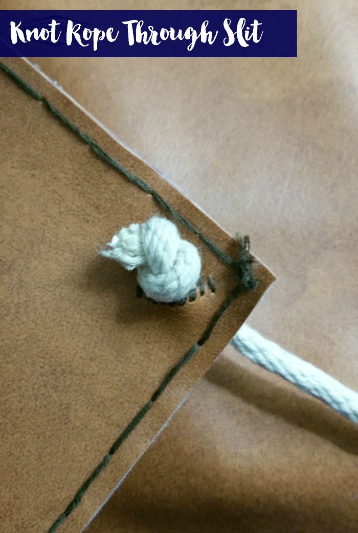 stitch the edges of slit and tie knot to end of rope