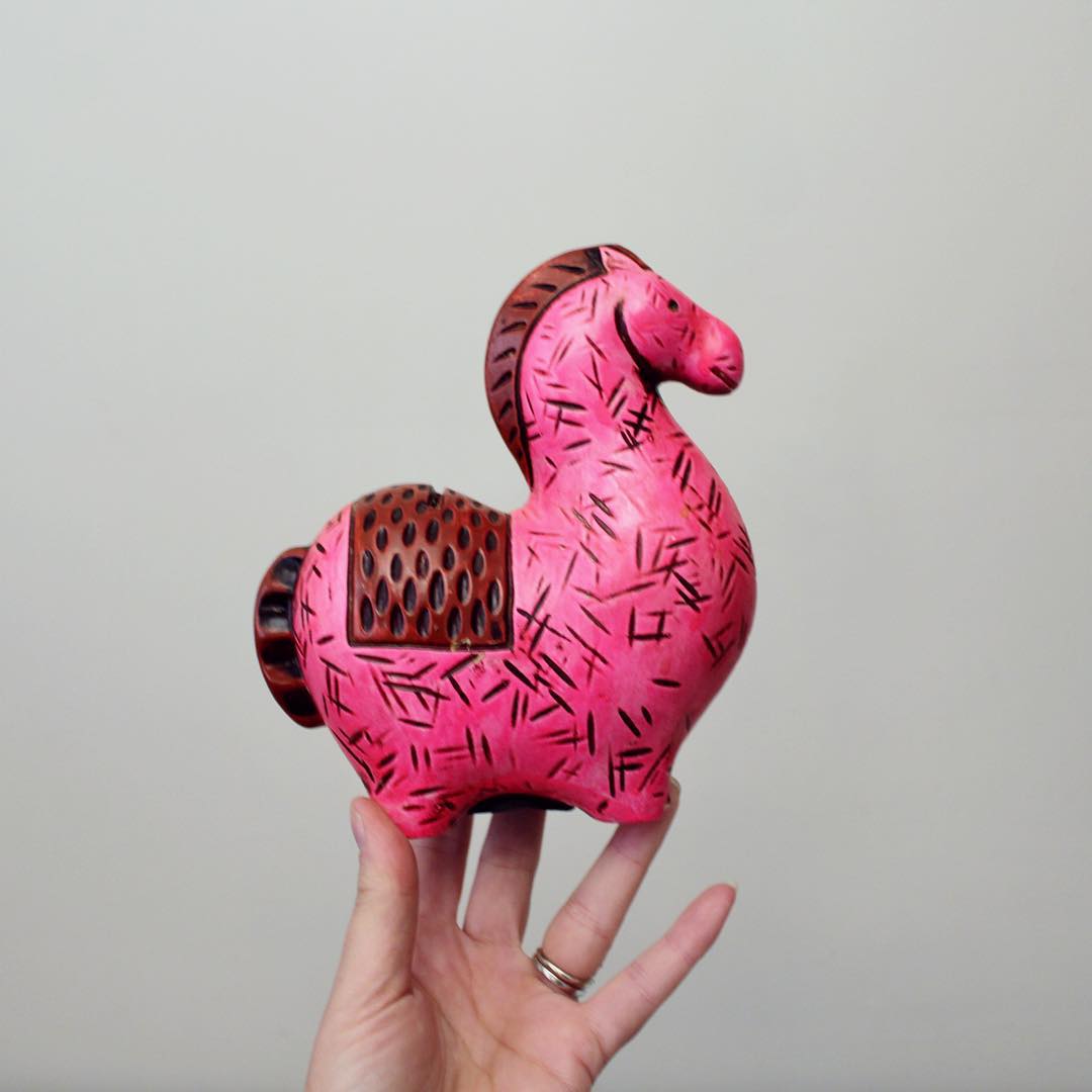 @suite22antiques Little pink horses for you and me... Mid century modern "puffy" horse bank to help you save up for your next vacation! This bright pink pony is in the Danish modern style of horses designed by Stig Lindberg. #mcm