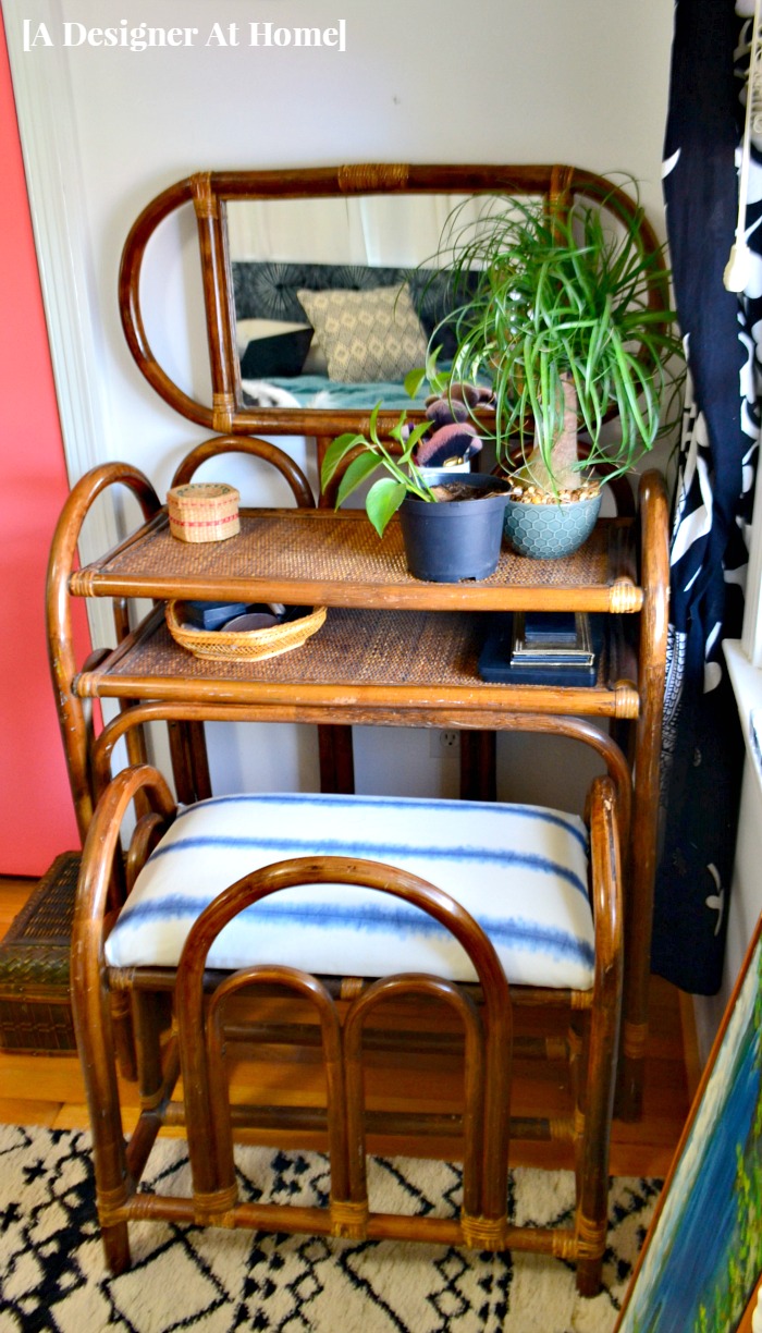 boho-bohemian-bedroom-style-rattan-vanity-furniture-shibori-dyed-indigo-fabric-textile-makeover-makeup