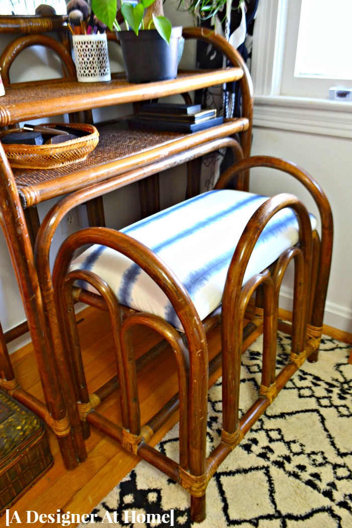 shibori-fabric-reupholstered-rattan-vanity-bench