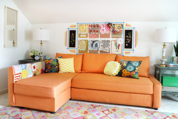 maggie-overby-studios-orange-sofa-sewing-room