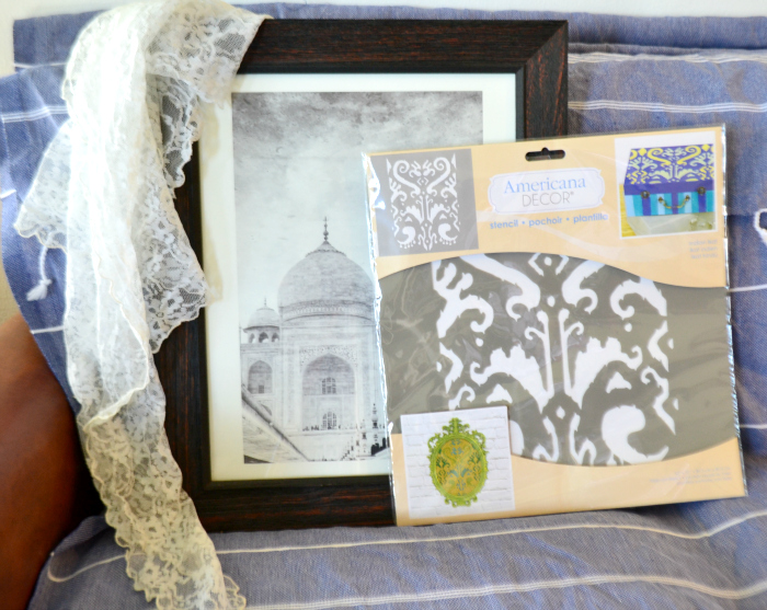 Taj Mahal print in from Minted. the ikat stencil is from DecoART, the fram is a clearance from from Michaels craft store and the lace is thrifted.