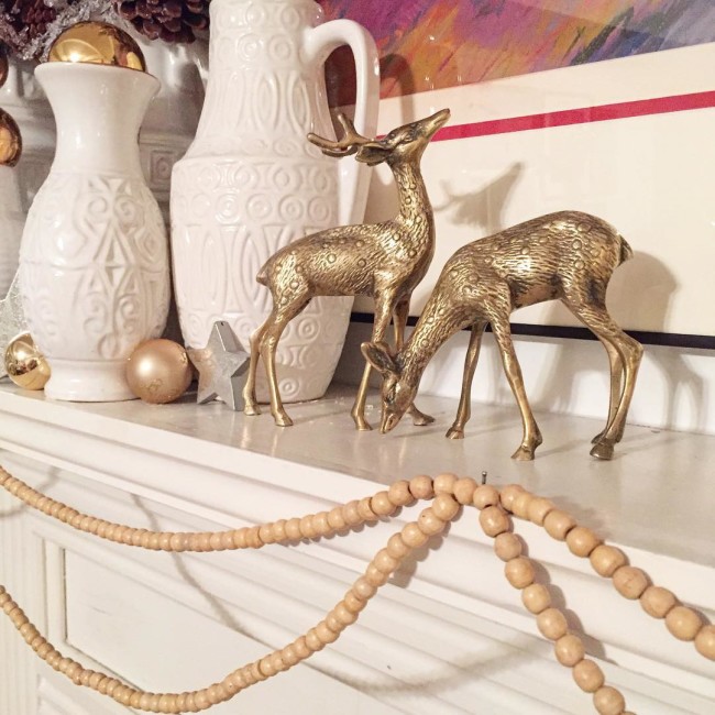 @maggieoverbystudios Thrift store ornaments totally don't count as buying "New" ornaments because technically they are old ornaments. Scored these brass deer, wooden bead garlands, and about 50 gold and white ornaments for $9 not feeling guilty at all! #thriftscorethursday #christmasdecor #brassdeer #colddeadfingers #bloggingyourway #finditstyleit #jmholidaystyle #completehappyhome#westgermanpottery