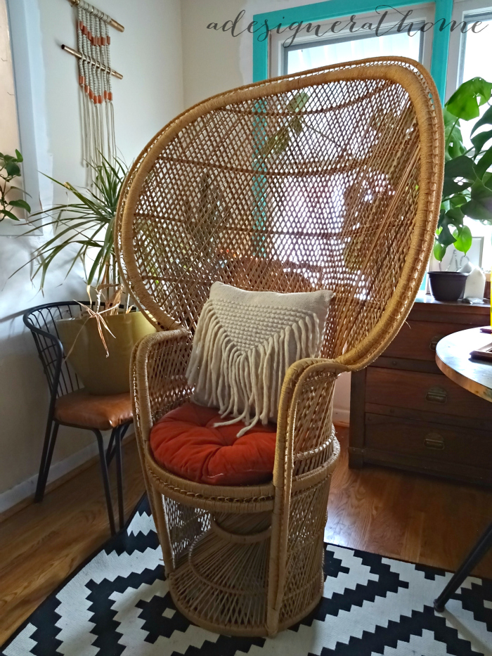 bohemian peacock fan back chair woven wicker thrifted second hand