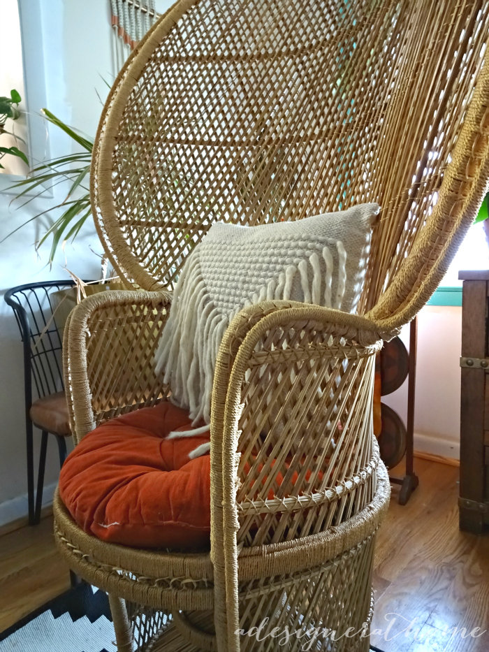 boho peacock fan back chair woven wicker thrifted second hand