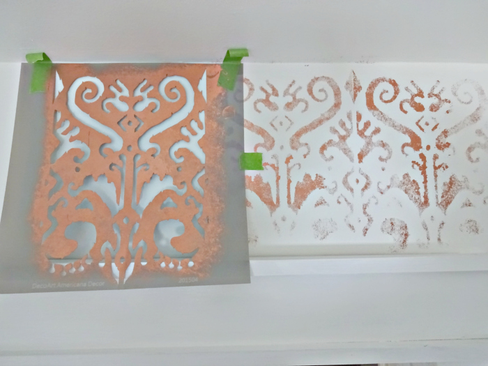 copper indian ikat stencil in a global inspired bathroom