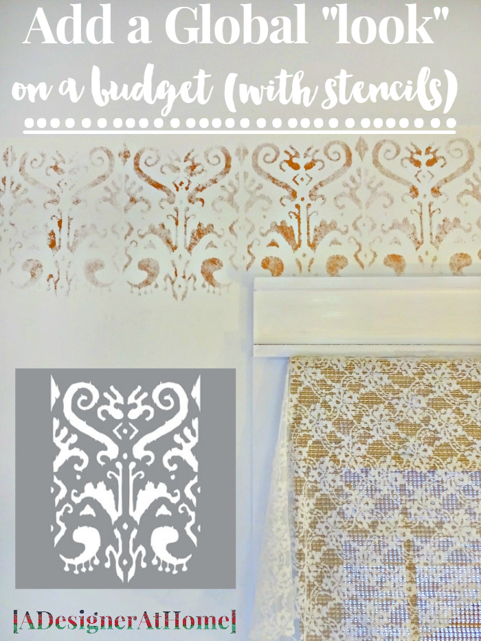 indian ikat stencil with copper paint in a bathroom for a budget friendly global inspired look