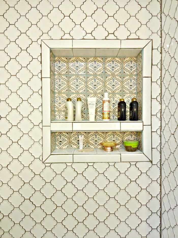 moroccan inspired tiled bath and shower combo walls with an alcove- biggest regret is the imperfect tile job