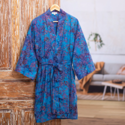 Cotton Artisan Batik Robe - Moonlit Blossoms