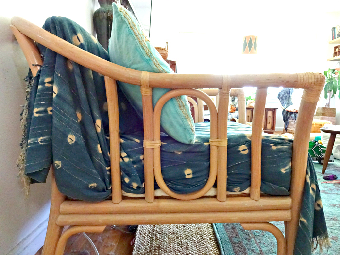 faux upholstery using a rattan chair and indigo mud cloth