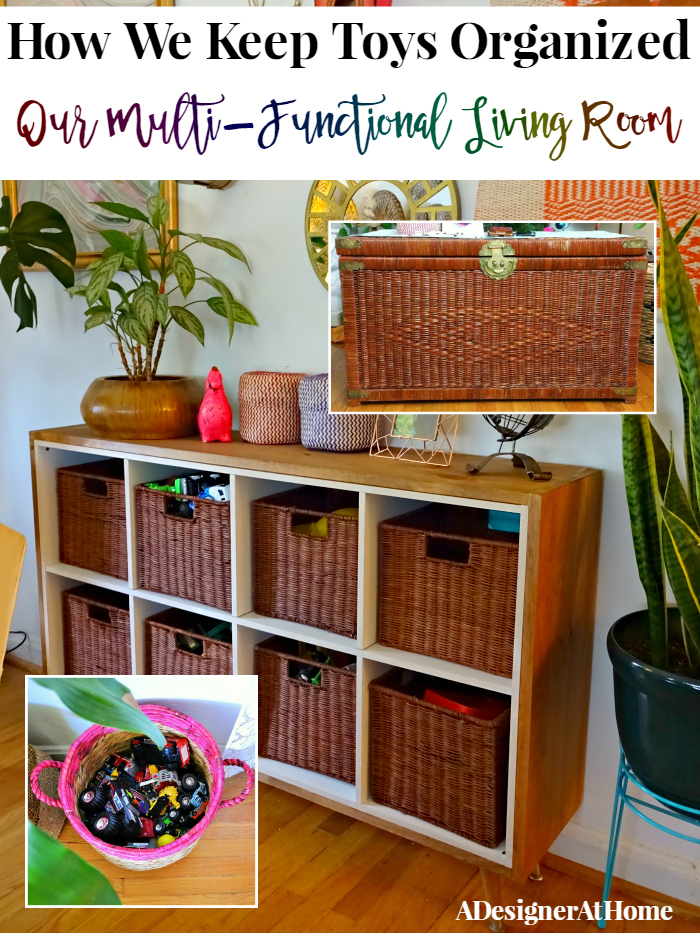 How To Keep Toys Organized While Keeping Style In Mind - A Boho Momma's tiny home living room and playroom combo