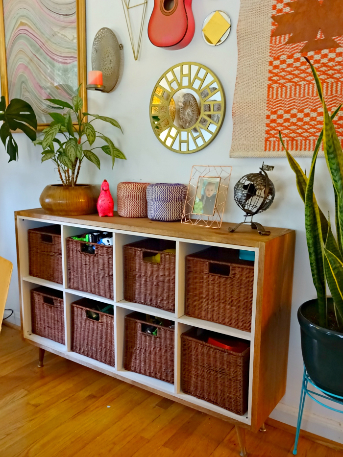 wood wrapped ikea kallax cube storage unit - storage made to look like mid century furniture (DIY tutorial)