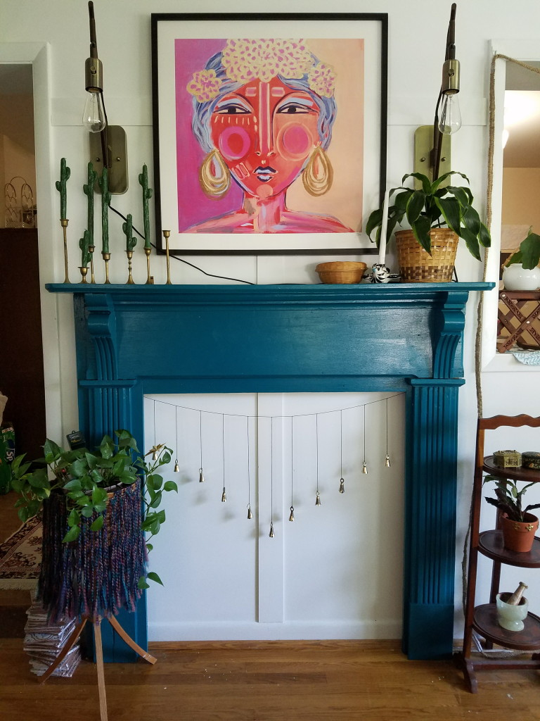 Colorful bohemian gypsy eclectic fireplace in dining room