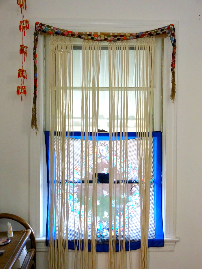 boho scarves and macrame work in progress window treatment