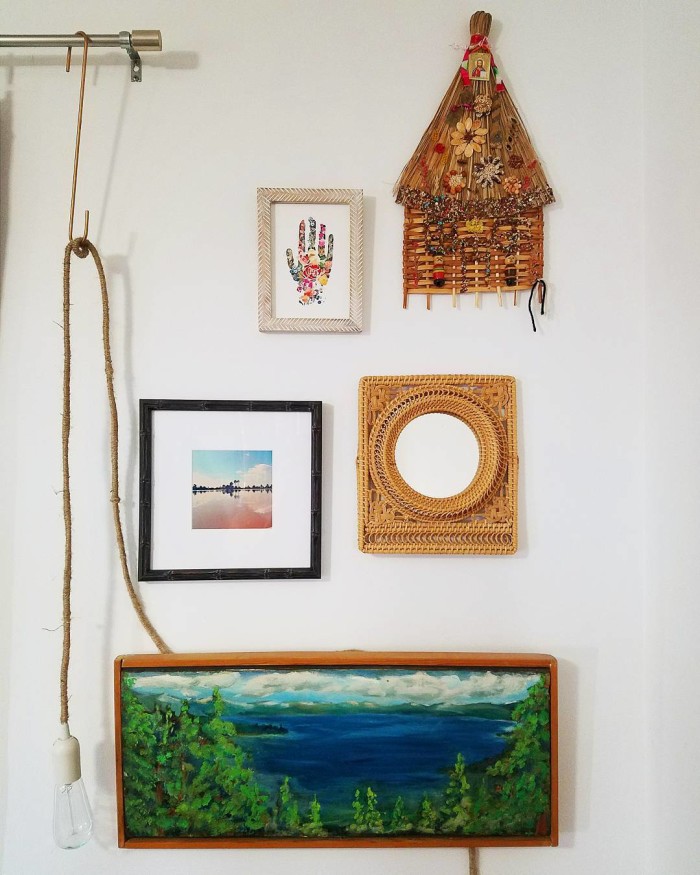 global wall of art with morocco print boho hand wicker mirror thrifted waterscape and handmade hut