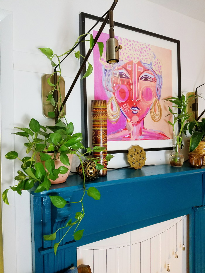 Plant filled, second hand scores boho eclectic mantle decorating