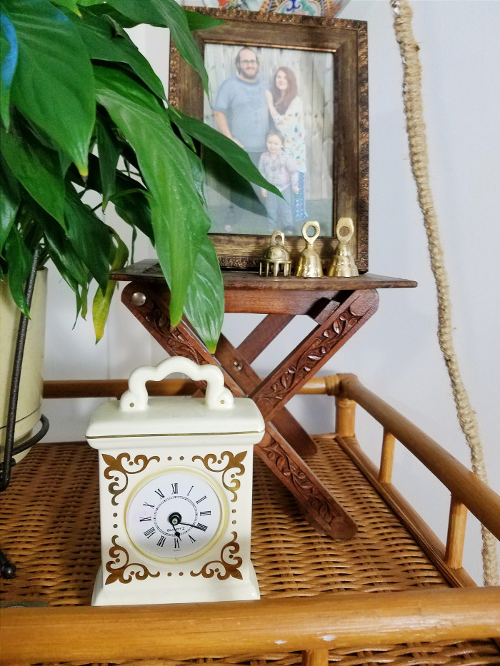 Family photo, carved wood stand, brass bells, great grandmother's clock