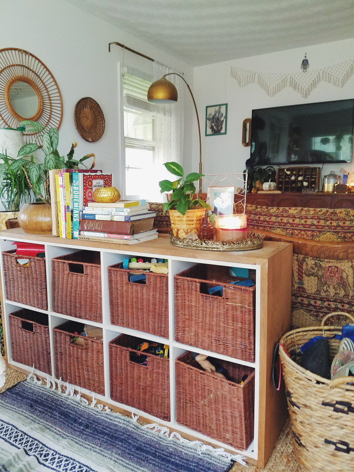 eclectic bohemian divided living and dining space