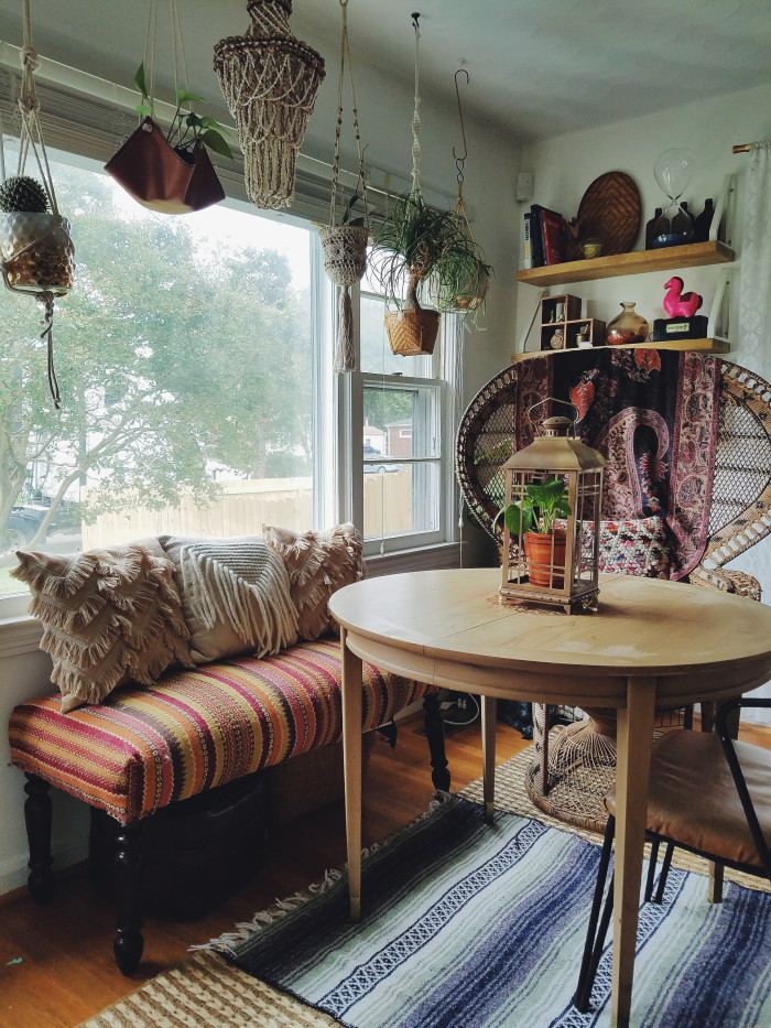 eclectic bohemian divided living and dining space