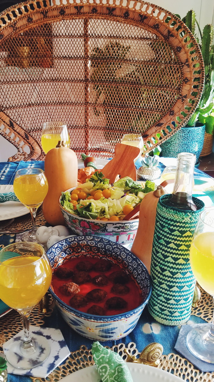 Moody colorful eclectic bohemian thanksgiving tablescape