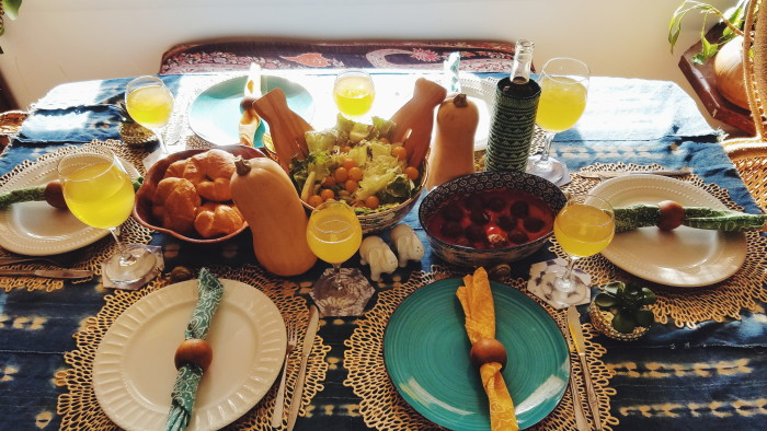 Moody colorful eclectic bohemian thanksgiving tablescape