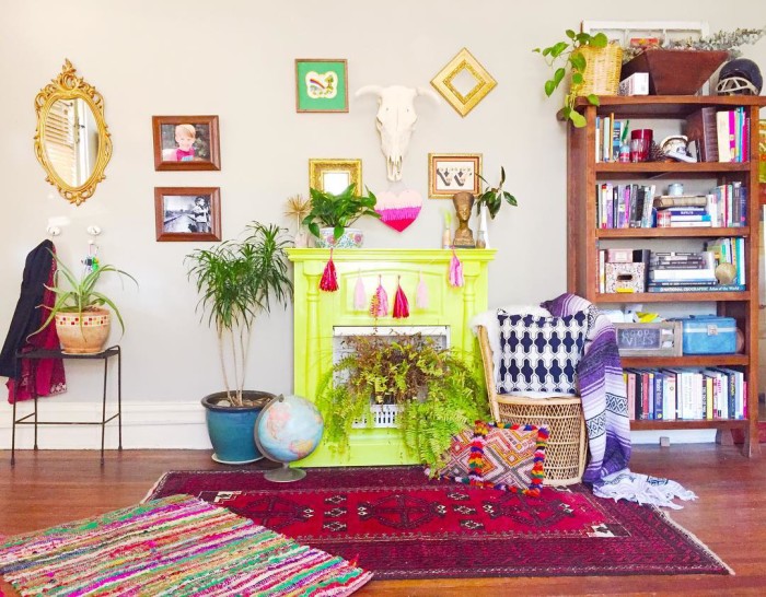 bright-colorful-thrifty-chic-boho-living-room-painted-fireplace