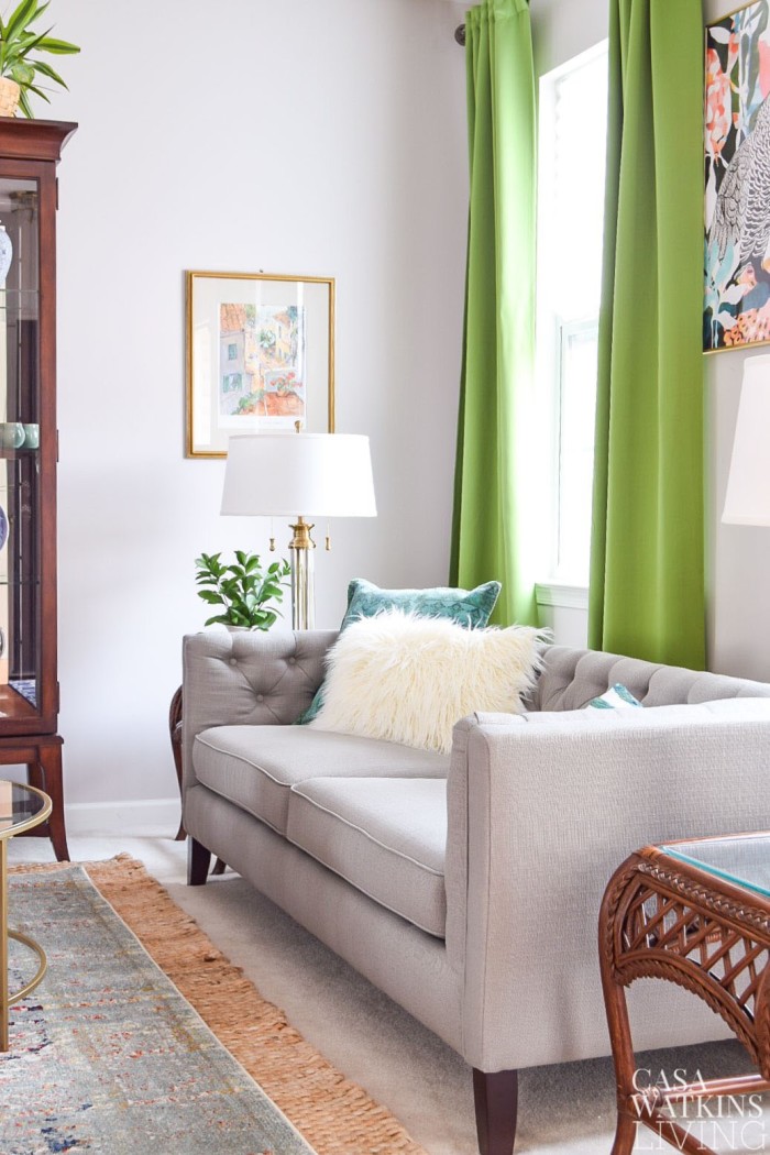 eclectic-style-living-room-green-curtains-new-sofa