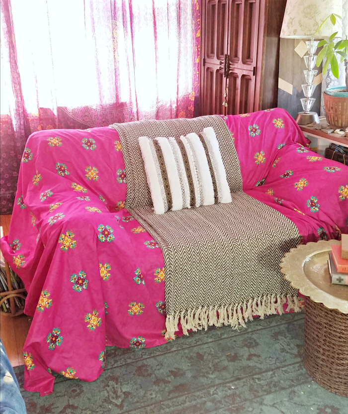 pink boho sheet to couch cover- hand me down sofa bohemian style