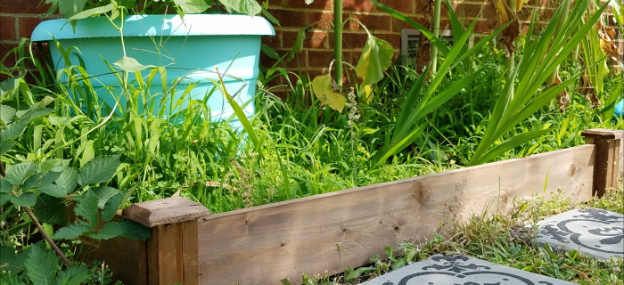 Encaustic tile look alike yard pavers and customized raised garden bed kit. Aqua yard details - @adesignerathome