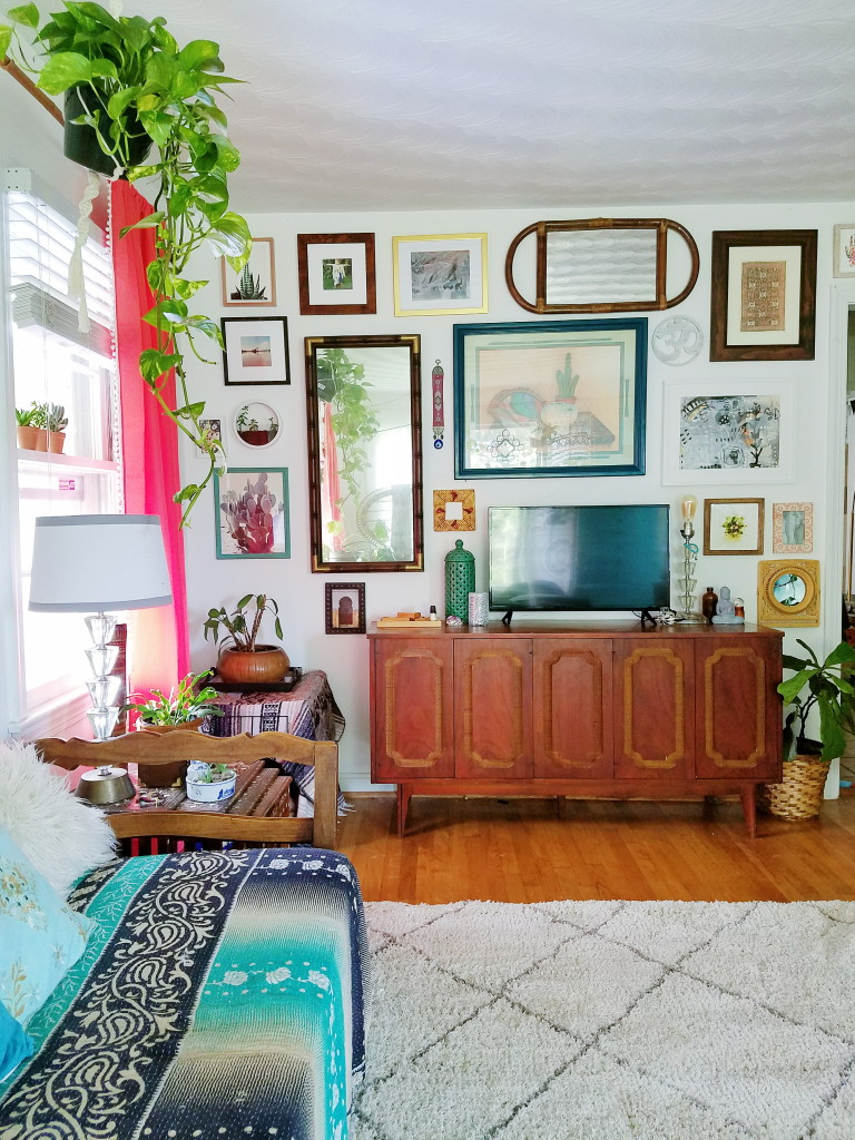 boho eclectic living room gallery wall
