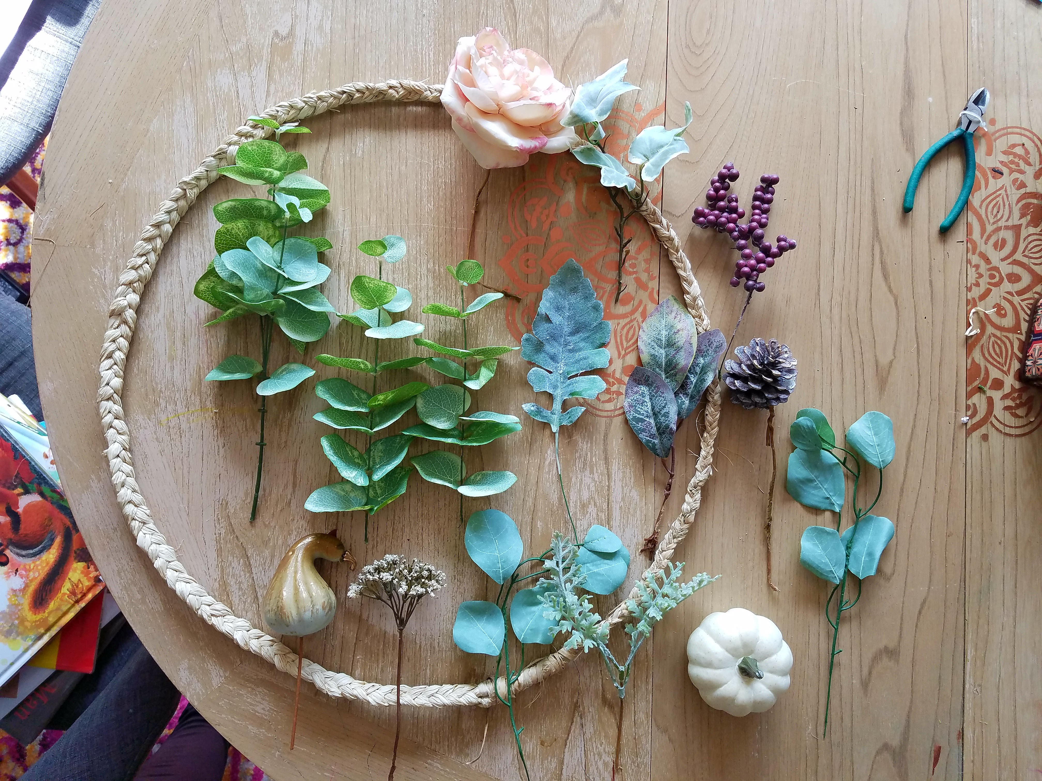 botanical faux floral arranging on modern scandi boho fall wreath