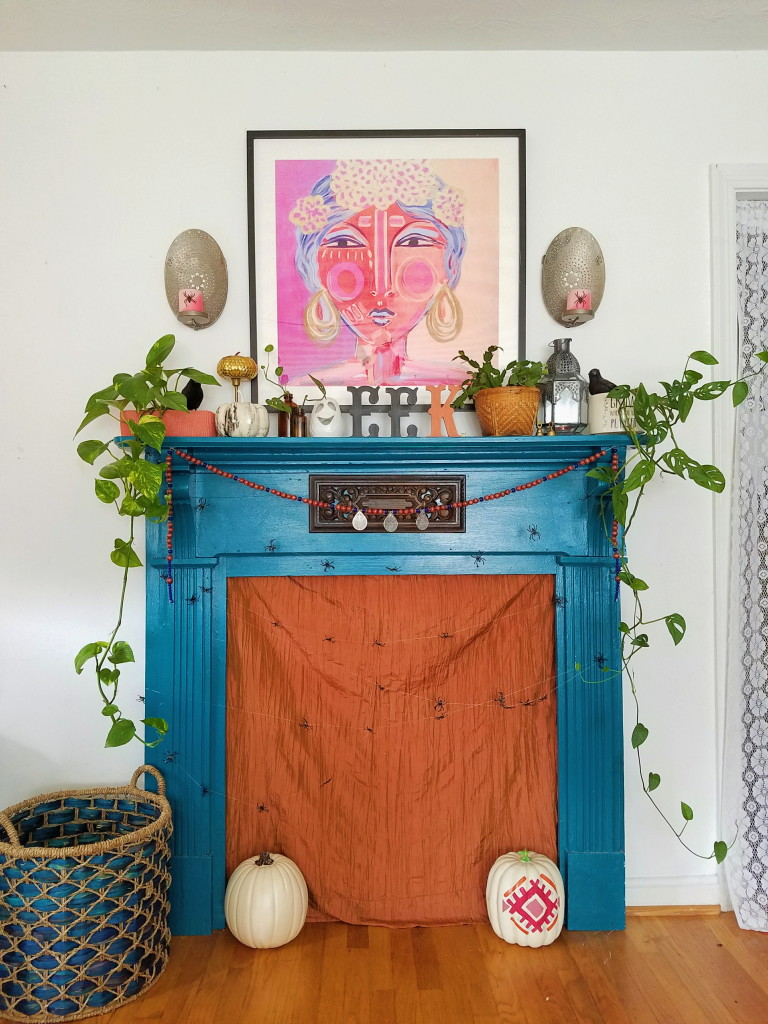 Colorful Eclectic Halloween Fireplace Mantel