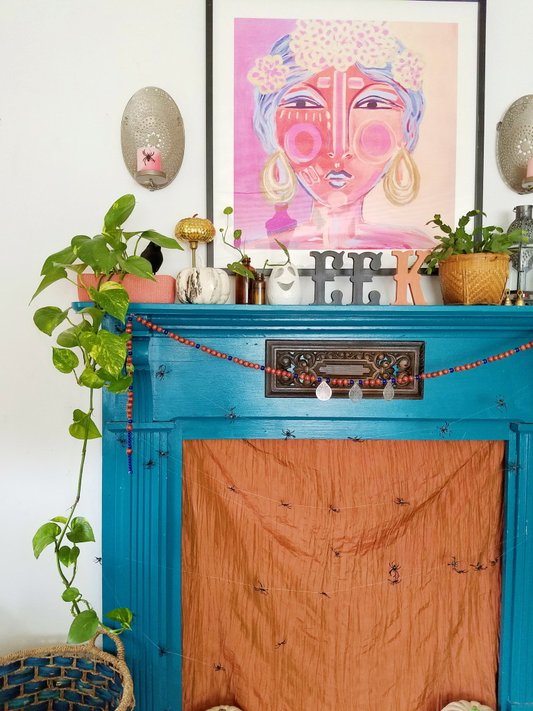 Colorful Eclectic Halloween Fireplace Mantel