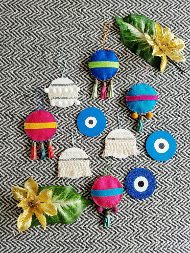 global style ornaments- handira, evil eye talisman, mexican felt ornaments ranging from easy to hard difficulty in DIY skills