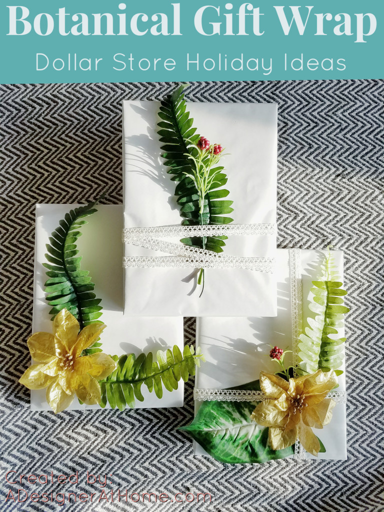 Holiday Gift Wrapping Idea With Dollar Store Supplies- botanical inspired