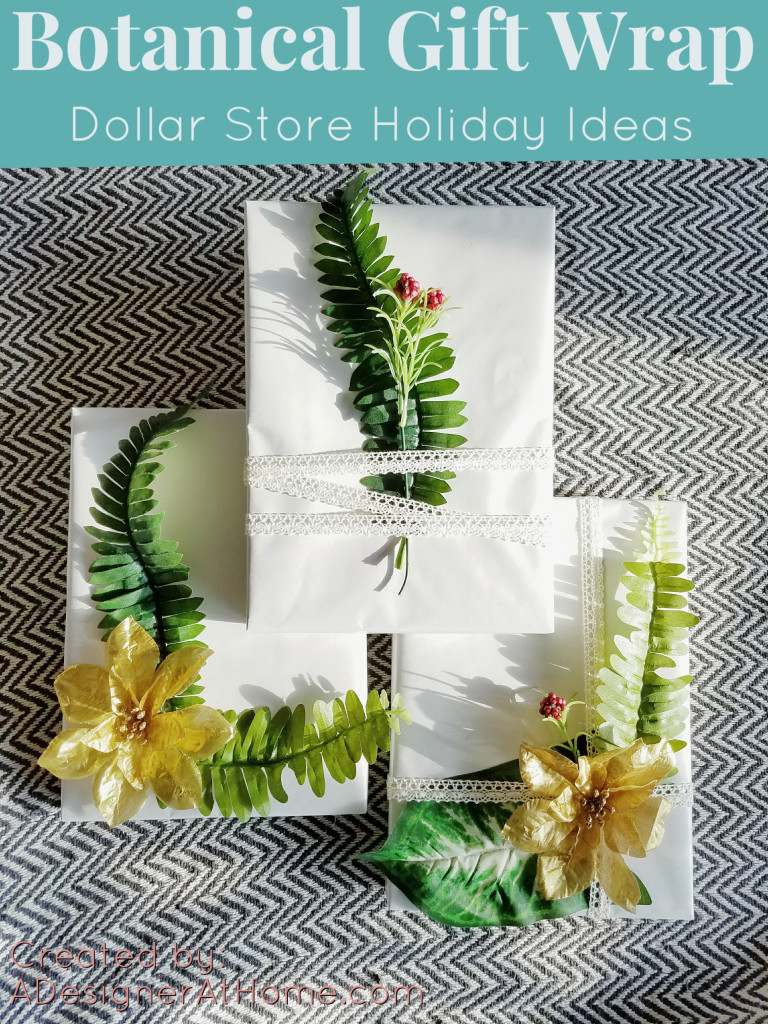 Holiday Gift Wrapping Idea With Dollar Store Supplies- botanical inspired 