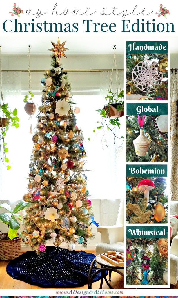 Global Boho Christmas Tree incorporates bright pops of color with whimsical mushroom, bird and flower ornaments