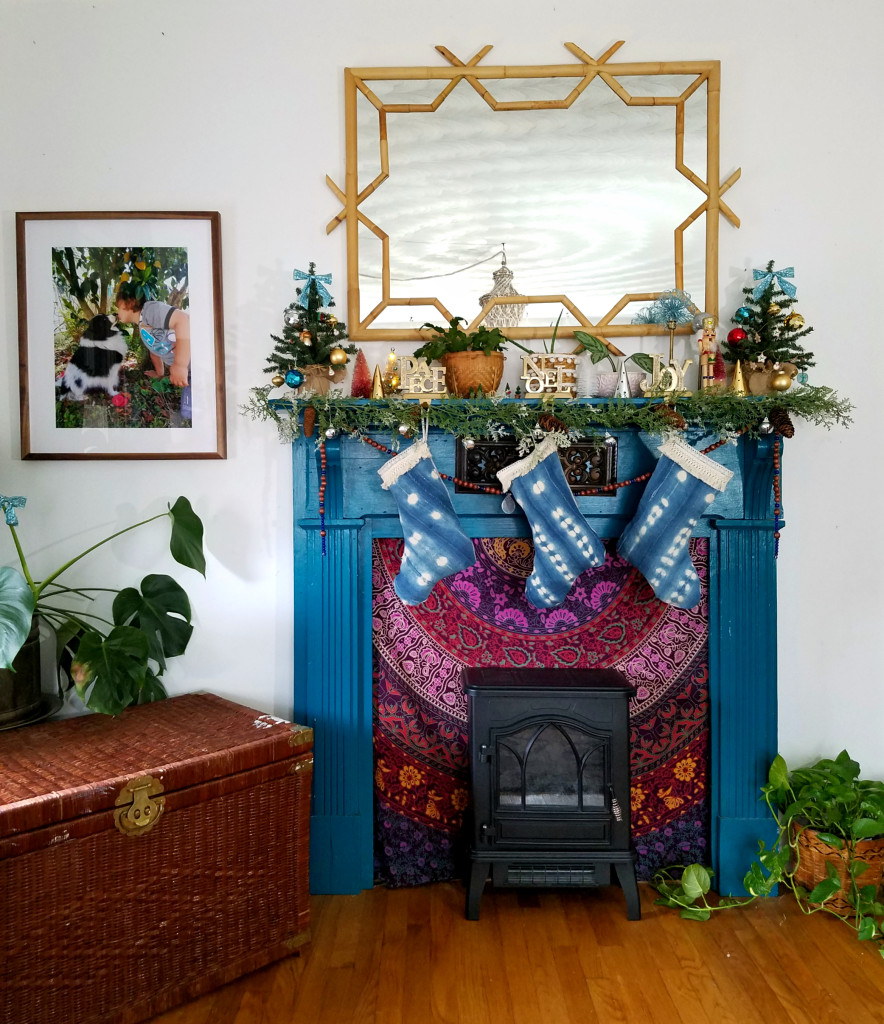 Colorfully eclectic Christmas mantel