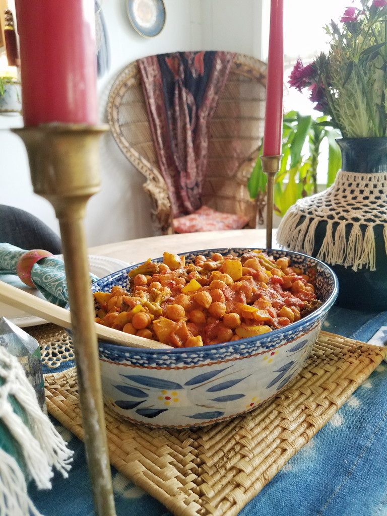 Boho setting for Valentine's day Chana Masala dinner.