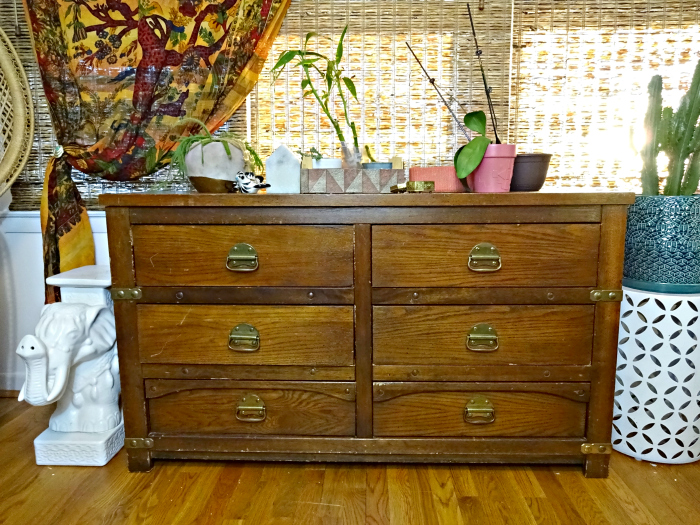beat up old wooden dresser from craigslist with unique brass hardware for 20 dollars