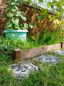 Encaustic tile look alike yard pavers and customized raised garden bed kit. Aqua yard details - @adesignerathome