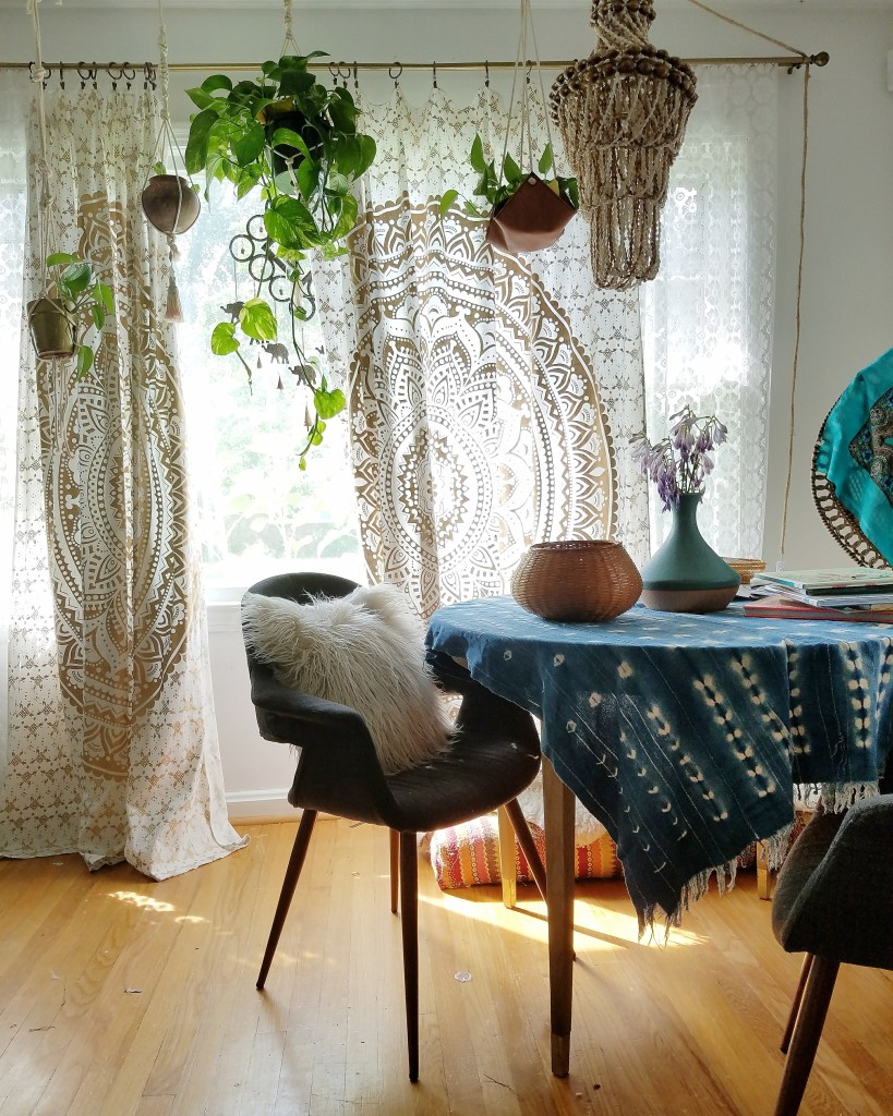 boho jungalicious dining room with global inspired decor